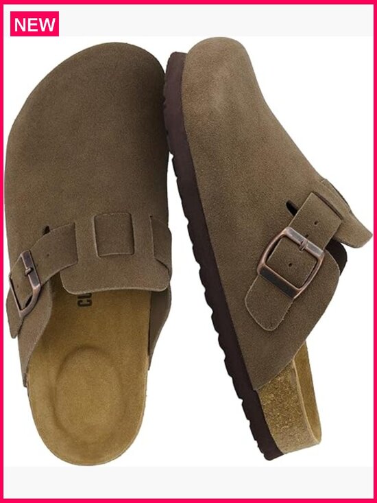 Shoes - Genuine Suede Mule Clogs Slip On Comfort Cork Footbed Adjustable Buckle